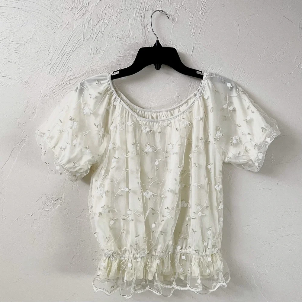 Floral Cream/White Tulle Lace Embroidered Peplum Floaty Puff-Sleeves Top